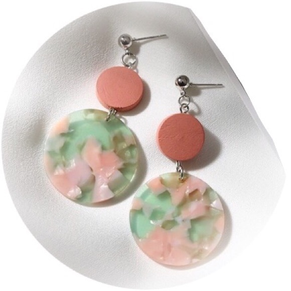 Earrings-Acrylic Silver Tone Pink/Green - Picture 3 of 4